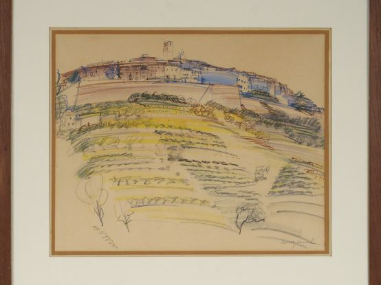 Willy MUCHA "Paysage et village". Dessin, signé en bas à droite. 37 x 