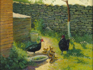 Vente aux enchères NAKONECHNY (?) "Volaille". Huile sur panneau. 37.5 x 45.5 cm