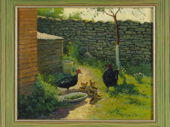 NAKONECHNY (?) "Volaille". Huile sur panneau. 37.5 x 45.5 cm