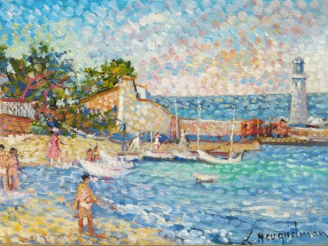 Vente aux enchères Lucien NEUQUELMAN "La plage de Sainte Maxime". Huile sur toile, signée