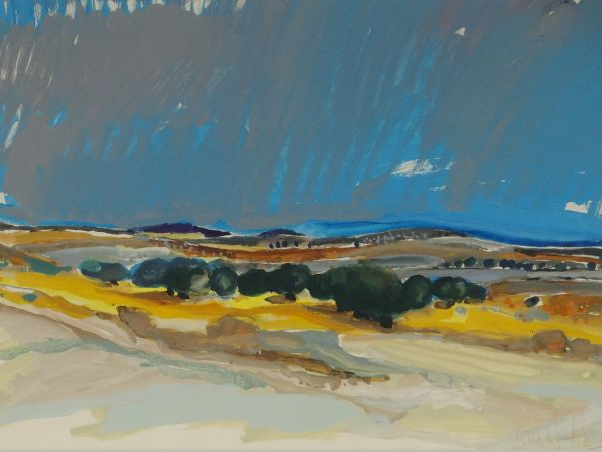 Michel NO "Paysage du Midi". Aquarelle gouachée, signée en bas à droit