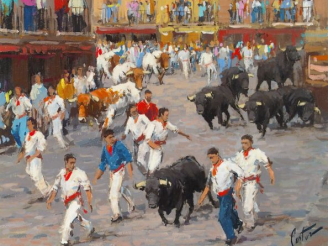 Vente aux enchères Enrique PASTOR "L’Encierro". Huile sur toile, signée en bas à droite. 