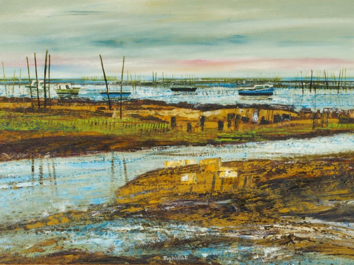 Jean-Pierre POPHILLAT.  "Les marais".  Huile sur toile, signée en bas.