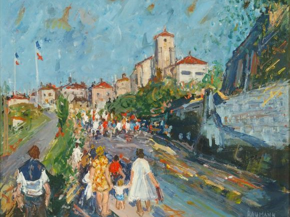 Joseph RAUMANN "Les promeneurs". Huile sur toile, signée en bas à droi