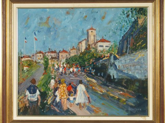 Joseph RAUMANN "Les promeneurs". Huile sur toile, signée en bas à droi