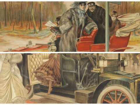 Georges REDON (d'après) "Automobiles à la belle époque". Paire de lith