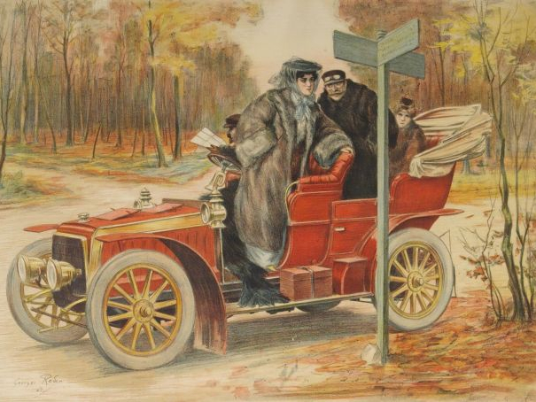 Georges REDON (d'après) "Automobiles à la belle époque". Paire de lith