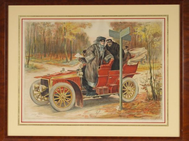 Georges REDON (d'après) "Automobiles à la belle époque". Paire de lith