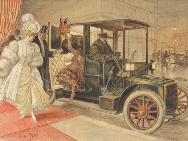 Georges REDON (d'après) "Automobiles à la belle époque". Paire de lith