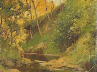 Vente aux enchères Albert REGAGNON "Rivière". Huile sur panneau, signée en bas à droite. 