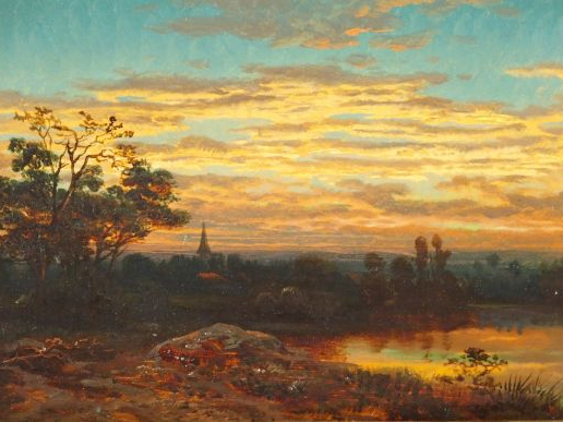 Jean François Xavier ROFFIAEN "Paysage au crépuscule". Huile sur panne