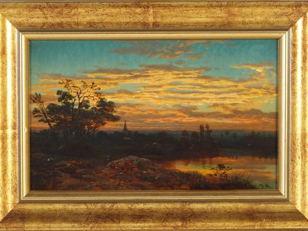 Jean François Xavier ROFFIAEN "Paysage au crépuscule". Huile sur panne