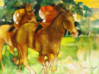 Vente aux enchères Claude SAUZET "Course de chevaux". Huile sur toile, signée en bas à dr