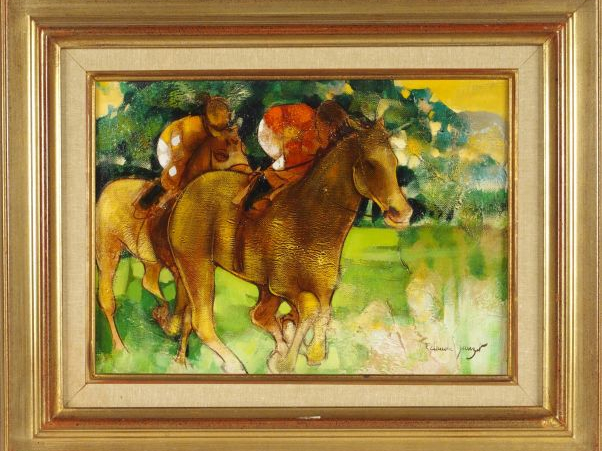Claude SAUZET "Course de chevaux". Huile sur toile, signée en bas à dr