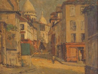 Vente aux enchères René SERGENT "Rue de Montmartre". Huile sur panneau, signée en bas à g