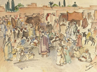 Vente aux enchères Franck SLOAN "Place animée de Marrakech". Aquarelle, signée en bas à d
