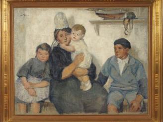 Vente aux enchères Henri SOLLIER "Famille bretonne". Huile sur toile, signée en haut à ga