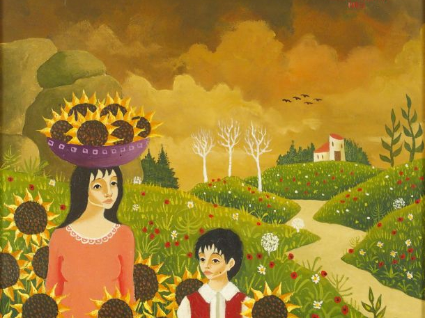 Alain THOMAS "Les moissonneurs". Huile sur panneau, signée au dos. 22 