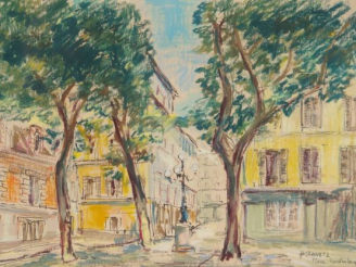 Vente aux enchères H. TRAVETZ "Paris, la place de Furstenberg". Pastel, signé en bas à dr