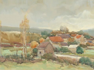 Vente aux enchères André VILLARET "Village aveyronnais". Aquarelle, signée en bas à droit