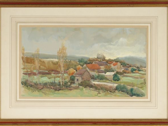 André VILLARET "Village aveyronnais". Aquarelle, signée en bas à droit