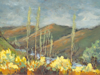 Vente aux enchères André VILLARET "Paysage de l’Aveyron". Huile sur carton, signée en bas