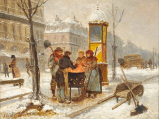 Vente aux enchères Paul VOGLER "La ville en hiver". Huile sur panneau, signée en bas à ga