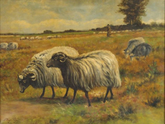 Vente aux enchères August VOIGT FÖLGER "Berger et son troupeau". Huile sur toile, signée 