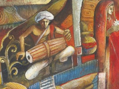 Ecole orientaliste "Musicien arabe et jeune femme". Pastel, signé en b