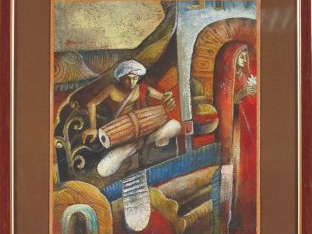 Ecole orientaliste "Musicien arabe et jeune femme". Pastel, signé en b