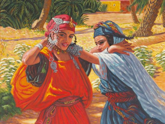 Ecole orientaliste d’après DINET "Jeunes filles jouant". Huile sur toi