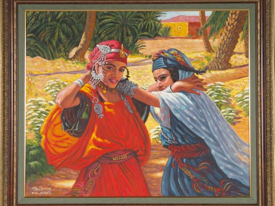 Ecole orientaliste d’après DINET "Jeunes filles jouant". Huile sur toi