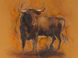 Vente aux enchères Ecole française XXème "Le taureau de combat". Pastel, signé en bas à d