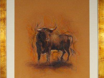 Ecole française XXème "Le taureau de combat". Pastel, signé en bas à d