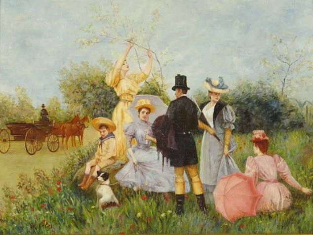 Ecole française 1900 "Un dimanche au parc". Huile sur panneau. 30 x 40