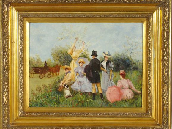 Ecole française 1900 "Un dimanche au parc". Huile sur panneau. 30 x 40