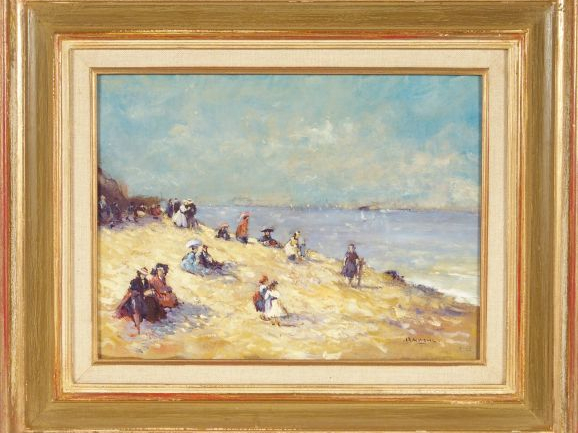 Ecole française "Sur la plage". Huile sur carton, signée en bas à droi