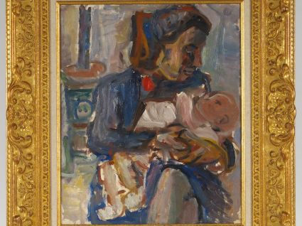 Ecole française XXème "Maternité". Huile sur carton.   45 x 37 cm