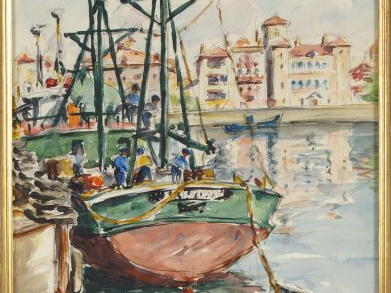 Ecole française XXème "Port du Midi". Aquarelle 35 x 28 cm