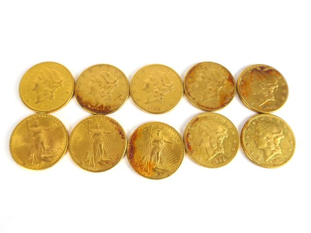 10 pièces de 20 dollars (1877 x 2, 1895, 1900 x 2, 1904 x 2, 1924 x 2,