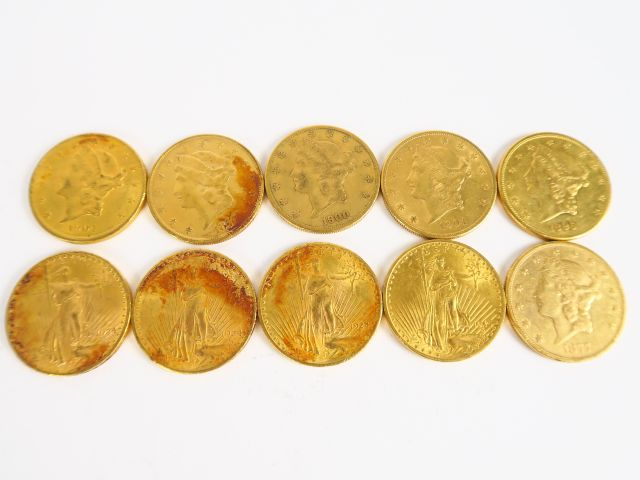 10 pièces de 20 dollars (1877 x 2, 1895, 1900,1904 x 2, 1915,1924 x 2,