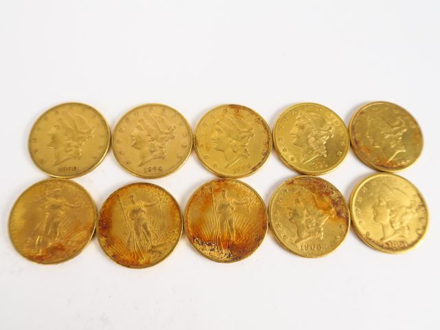 10 pièces de 20 dollars (1867, 1890 x 2, 1896, 1898, 1899, 1906, 1908 