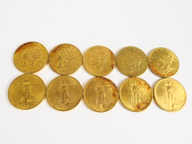 10 pièces de 20 dollars (1873 x 2, 1895 x 2, 1904, 1914 x 2, 1915, 192