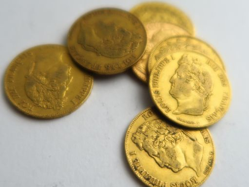 7 pièces 20 francs or dont 1831 W, 1834 A x 2, 1838  A, 1840 A, 1847 A