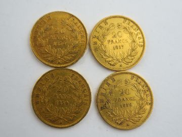 4 pièces Napoléon III or : 1857 A, 1856 A, 1859 A x 2. Frais acheteurs