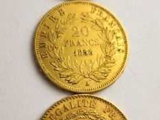 Vente aux enchères 3 pièces de 20 francs or : 1p Napoléon III 1858 A, 2 p Licteur 1875 et
