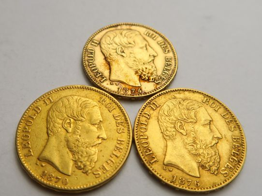 3 pièces 20 francs Belges or : 1870, 1874, 1876. Frais acheteurs : 5 %