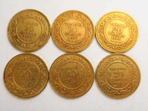 6 pièces 20 francs tunisien or : 1889 A,1892 A, 1897 A, 1899 A. Frais 