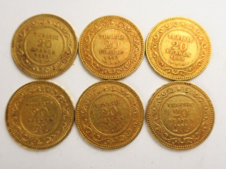 Vente aux enchères 6 pièces 20 francs tunisien or : 1889 A,1892 A, 1897 A, 1899 A. Frais 