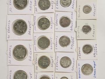 Lot de pièces d'argent comprenenant : 4 pièces 10 francs, 5 pièces de 
